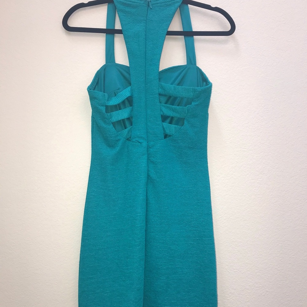 Festive teal Bebe dress